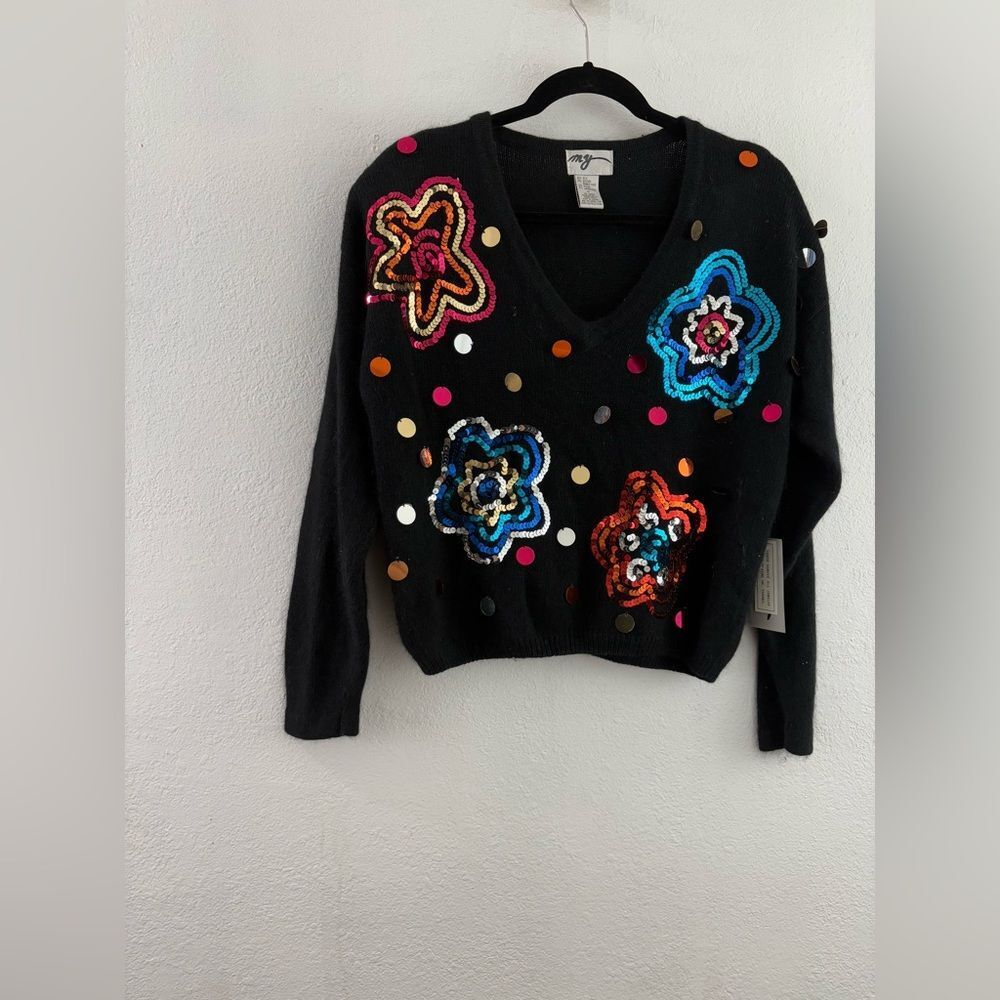By My vintage 80s sequin angora blend cropped floral black sweater size M